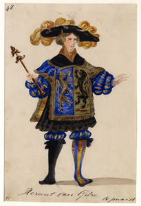 32731 Afbeelding van een kostuumontwerp van een heraut van Gelre, figurant in de maskerade van de studenten van de ...